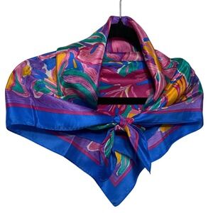 Ken Done Vintage Silk Scarf Floral Blue Magenta‎ Purple Yellow Square Art Scarf